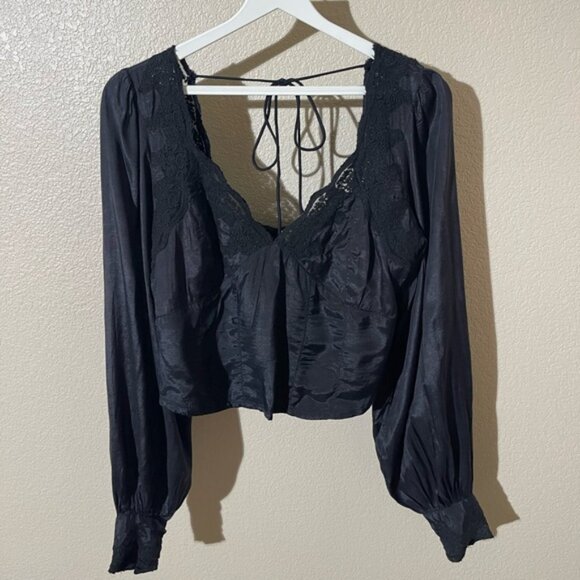 Free People Black Lace Trim Blouse - Picture 2 of 7